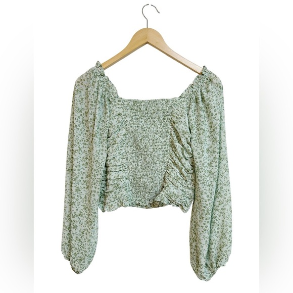 Lulus Sweet Optimism Dusty Sage Floral Print Ruched Long Sleeve Top Size Large - Picture 7 of 8